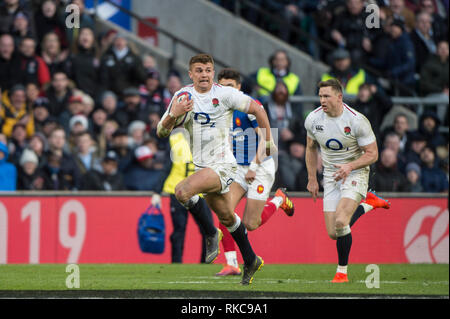 Twickenham, Vereinigtes Königreich. 7. Februar, Henry SLADE mit Kugel beim Laufen, England gegen Frankreich, 2019 Guinness sechs Nationen Rugby Match gespielt an der RFU-Stadion, Twickenham, England, © PeterSPURRIER: Intersport Bilder Bild: Peter SPURRIER/Alamy leben Nachrichten Stockfoto