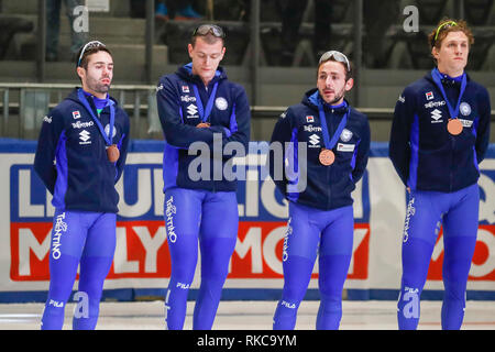 Turin, Italien. 10. Feb 2019. Foto LaPresse - Mauro Ujetto 10 2 2019 Turin (Italia) Sport ISU World Cup 2018/19 - Turin: Männer - 5000 m Relais - Endrunde ein Nella Foto: Italien Foto LaPresse - Mauro Ujetto 10-02-2018 Turin (Italien) Sport ISU World Cup 2018/19 - Turin: Männer - 5000 m Relais - Endrunde im Foto: Italien Quelle: LaPresse/Alamy leben Nachrichten Stockfoto