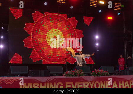 London, Großbritannien. 10 Feb, 2019. Martial Arts auf der Bühne auf dem Trafalgar Square in London, England, UK durchgeführt wird., während des chinesischen neuen Jahres feiern. Credit: Ian Laker/Alamy Leben Nachrichten. Stockfoto