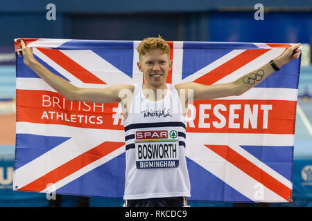 Birmingham, Großbritannien. 10 Feb, 2019. Boswoth siegte bei den Männern 5 Km Rennen endgültig Weg, während SPAR Britische Athletik Indoor Championships 2019 im Arena Birmingham am Sonntag, den 10. Februar 2019. BIRMINGHAM, ENGLAND. (Nur redaktionelle Nutzung, eine Lizenz für die gewerbliche Nutzung erforderlich. Keine Verwendung in Wetten, Spiele oder einer einzelnen Verein/Liga/player Publikationen.) Credit: Taka G Wu Credit: Taka Wu/Alamy leben Nachrichten Stockfoto