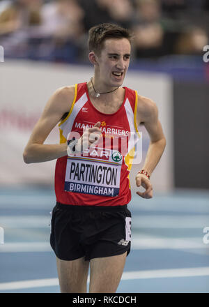 Birmingham, Großbritannien. 10 Feb, 2019. Partington in der Männer 5 Km Rennen laufen Endgültige während SPAR Britische Athletik Indoor Championships 2019 im Arena Birmingham am Sonntag, den 10. Februar 2019. BIRMINGHAM, ENGLAND. (Nur redaktionelle Nutzung, eine Lizenz für die gewerbliche Nutzung erforderlich. Keine Verwendung in Wetten, Spiele oder einer einzelnen Verein/Liga/player Publikationen.) Credit: Taka G Wu Credit: Taka Wu/Alamy leben Nachrichten Stockfoto