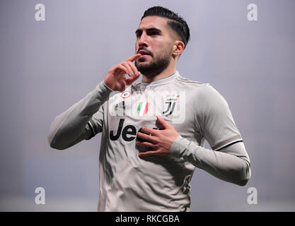 Reggio Emilia, Italien. 10 Feb, 2019. Juventus' Emre können feiert während einer Serie ein Fußballspiel zwischen Sassuolo und FC Juventus in Reggio Emilia, Italien, 10.02.2019. FC Juventus Turin gewann 3-0. Credit: Alberto Lingria/Xinhua/Alamy leben Nachrichten Stockfoto