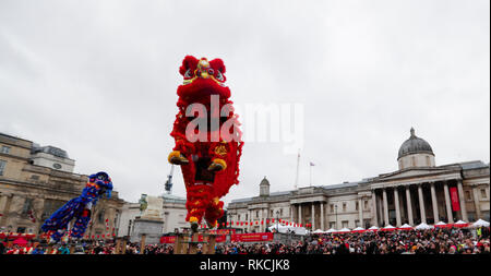 (190211) - Peking, Februar 11, 2019 (Xinhua) - Leute führen Tanz Löwe bei einem Chinesischen Neujahrsfest Feier am Trafalgar Square in London, Großbritannien, 10.02.2019. London veranstaltet am Sonntag einer der größten chinesischen Neujahrsfest außerhalb Asiens, die Zehntausende von Besuchern in die Herzen der britischen Hauptstadt die Freude zu teilen. Die Feier begann mit einem Grand Parade mit 30 Mannschaften, darunter ein chinesischer Drache und Lion Team, eine ikonische Londoner Doppeldeckerbus und eine Vielzahl von Schwimmern Streaming durch die Straßen von Trafalgar Square, über West End, bevor ich Stockfoto