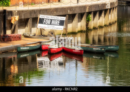 NORWICH, NORFOLK, Großbritannien - 13. JUNI 2018: Kanus zum Mieten auf dem Fluss Wensum Stockfoto