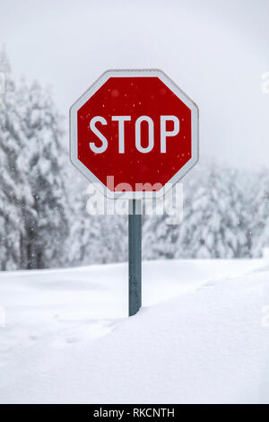 Stop-Schild auf einer verschneiten Straße Stockfoto