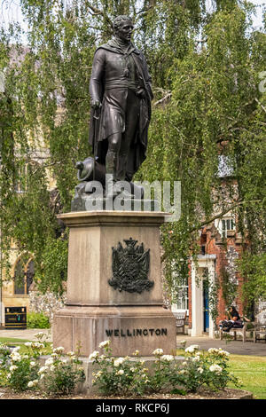 NORWICH, NORFOLK, Großbritannien - 13. JUNI 2018: Statue des Herzogs von Wellington auf dem Gelände der Kathedrale Stockfoto