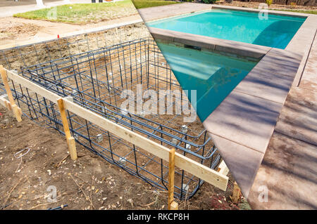 Vor und Nach Dem Pool zu bauen Baustelle. Stockfoto