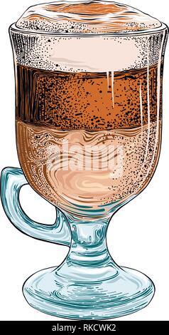 Hand gezeichnete Skizze von Latte in Farbe auf weißem Hintergrund. Detaillierte Zeichnung für Poster, Dekoration und Drucken. Vector Illustration Stock Vektor
