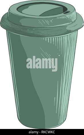 Hand gezeichnete Skizze von Einweg Becher in grüne Farbe auf weißem Hintergrund. Vector Illustration Stock Vektor