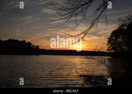 Blick auf die Golden horizon bei Sonnenuntergang über dem Wasser am Lake Benson Park in Garner, North Carolina. Stockfoto