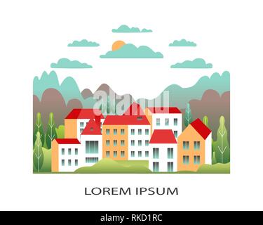 Rural Valley Farm Landschaft auf weißem Hintergrund. Dorf Landschaft mit Ranch in flachem Design Logo. Landschaft mit dem Bauernhof, buildin Stock Vektor