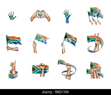 Südafrika Flagge und Hand auf weißem Hintergrund. Vector Illustration Stock Vektor