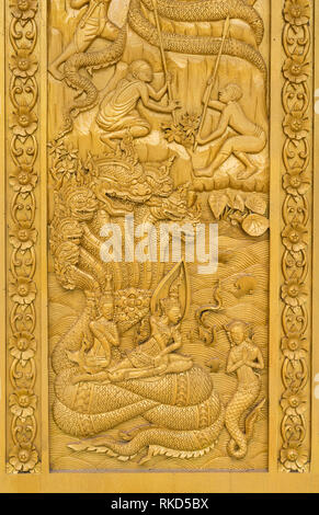Closeup Holz Wandbild von Wat Pak Khlong Makham Thao, Provinz Chainat, Thailand, public domain Stockfoto