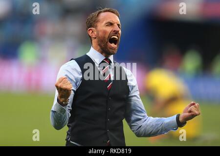 GARETH SOUTHGATE ENGLAND MANAGER SCHWEDEN V England, 2018 FIFA WORLD CUP RUSSLAND SAMARA ARENA, Samara, Russland, 07. Juli 2018 GBD 12033 WARNUNG! Dieses Foto darf nur verwendet für Zeitung und/oder Zeitschrift redaktionelle Zwecke. Möglicherweise nicht für Publikationen, bei denen 1 Spieler verwendet werden, 1 Club oder 1 Wettbewerb ohne schriftliche Genehmigung von Fußball DataCo Ltd. Für Rückfragen wenden Sie sich bitte an Fußball DataCo Ltd +44 (0) 207 864 9121 Stockfoto