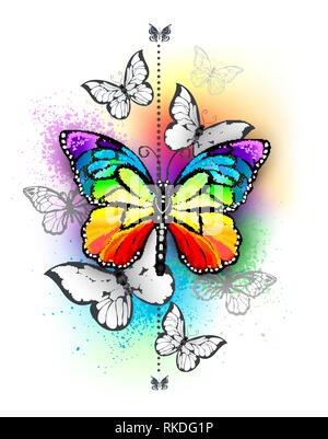 Vertikale Komposition mit Rainbow und weiße Schmetterlinge auf schillernden bunten Hintergrund. Tattoo Stil. Stock Vektor