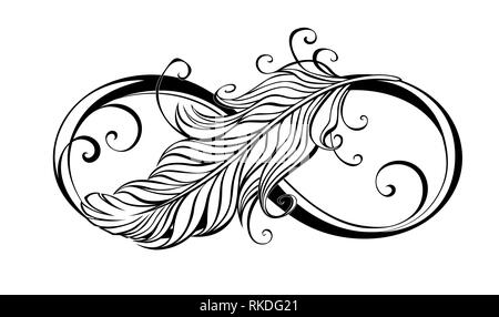 Kontur, kunstvoll ausgearbeiteten infinity Symbol mit Light Feather auf weißem Hintergrund. Stock Vektor