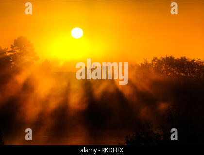 Sonne durch den Nebel bei Sonnenaufgang shinning, Lichtstrahlen, morgen Landschaft Natur Stockfoto