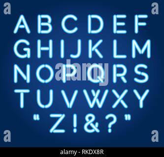 Neon Font. Blauen Neonbuchstaben, leuchtende Alphabet, Lampe Licht vektor Anzeichen für Stadt elektrische Beleuchtung leuchten Eingabe Vector Illustration Stock Vektor