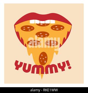 Öffnung mit einem Stück Pizza anstelle von Zunge und die Inschrift lecker Stock Vektor