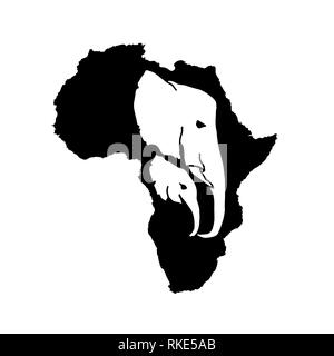 Vektor Silhouette des schwarzen Afrika mit zwei weißen Elephant Head Silhouette im Inneren. Elefanten Mutter und Baby Kopf incide Afrikanischen Silhouette Stock Vektor