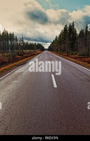 Eine einsame Straße führt zu den Horizont im ländlichen Finnland. Die lebhaften Farben des Herbstes, die umliegende Natur aussehen wie Fantasy Land. Stockfoto