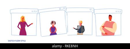 Verschiedene Menschen Familie casual Männer Frauen Zeichentrickfiguren Portrait online Webseite Internet Browser Windows horizontale Skizze flow Stil festlegen Stock Vektor