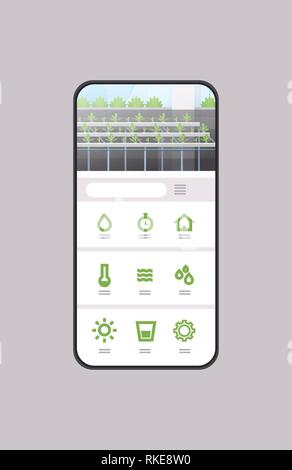 Smart Control Farming System mobile Anwendung organischer hydroponic grüne Pflanzen Reihenkultivierung farm Gewächshaus Technologie der Bildschirm des Smartphones vertikale Stock Vektor