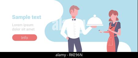 Mann Frau Paar hält Metall servieren die Kellner versuchen mit Abdeckung cloche, um das Personal im Restaurant Konzept männlich weiblich Zeichentrickfiguren portrait Stock Vektor