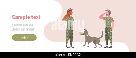Militärische stehende Männer mit Hund mix Rennen Soldaten in der Tarnung einheitliche salutierte Geste männlichen Zeichentrickfiguren in voller Länge waagrechten kopieren Stock Vektor