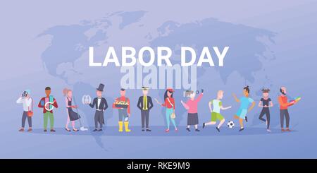 Tag der Arbeit poster Menschen unterschiedlichen beruflichen Tätigkeit Feiertagfeier Konzept gemeinsam über Weltkarte Hintergrund waagrechten Stock Vektor