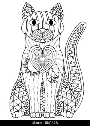 Cat Body Contour mit zentangle Mustern verziert, isolierte schwarze Vektor auf dem weißen Hintergrund Stock Vektor