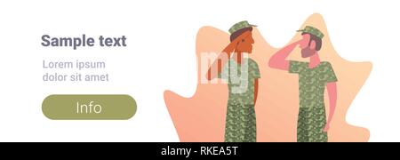 Zwei militärische Männer mix Rennen Soldaten in der Tarnung Geste einheitliche männlichen Zeichentrickfiguren portrait waagrechten Kopie Raum salutierte Stock Vektor