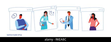 Unterschiedliche Haltungen Geschäftsleute Büroangestellte Arbeitsprozess Konzept männlich weiblich Zeichentrickfiguren Porträtsammlung Skizze flow Stil Stock Vektor