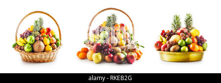 Frisches Obst im Korb und Schüssel Sammlung auf weißem Hintergrund. Gesunde Ernährung und Diät Konzept. Winter Sortiment. Design Element, Obst Stockfoto