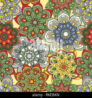 Nahtlose Muster mit Vintage Blumen. Farbige Mandalas in einem sich wiederholenden Muster. Vector Illustration. Stock Vektor