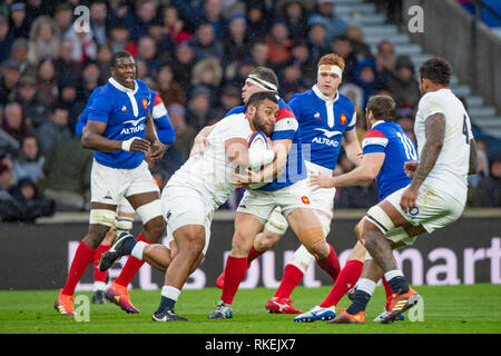 Twickenham, Vereinigtes Königreich. 7. Februar, Billy VUNIPOLA, versammelten sich in der Frankreich Guilhem GUIRADO, England gegen Frankreich, 2019 Guinness sechs Nationen Rugby Match gespielt an der RFU-Stadion, Twickenham, England, © PeterSPURRIER: Intersport Bilder Stockfoto