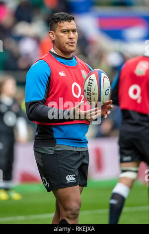 Twickenham, Vereinigtes Königreich. 7. Februar, Nathan HUGHES, Pre game up warm, England gegen Frankreich, 2019 Guinness sechs Nationen Rugby Match gespielt an der RFU-Stadion, Twickenham, England, © PeterSPURRIER: Intersport Bilder Stockfoto