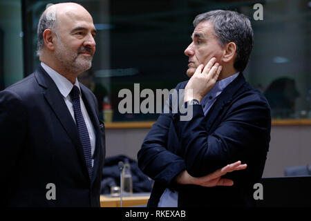 Brüssel, Belgien. 11. Feb 2019. Eu-Kommissar Pierre MOSCOVICI kommt in einem wirtschaftlichen und finanziellen Angelegenheiten des Rates (Wirtschaft und Finanzen) Sitzung teilnehmen. Alexandros Michailidis/Alamy leben Nachrichten Stockfoto