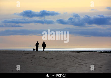 Ferryside, Carmarthenshire, Wales, UK. Montag, 11. Februar 2019. Ein paar nehmen Ihren Hund für einen Spaziergang am Strand ferryside wie die Sonne beginnt auf einer Feder zu setzen - wie Tag in West Wales. Credit: gruffydd Thomas/Alamy leben Nachrichten Stockfoto