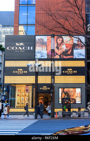 Tokyo, Ginza, goldenen Stunde. Modische Trainer Ginza Gebäude auf der anderen Straßenseite mit Eingang und Fenster Anzeige sichtbar. Fußgängerüberweg vor. Stockfoto