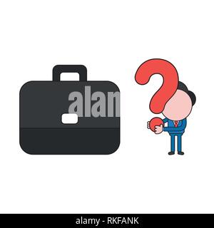 Vector Illustration Geschäftsmann Charakter mit Aktentasche und Fragezeichen. Farbe und schwarzen Umrissen. Stock Vektor