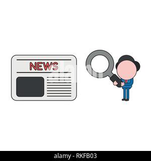 Vector Illustration Geschäftsmann Charakter holding Lupe und auf der Suche nach Zeitung. Farbe und schwarzen Umrissen. Stock Vektor