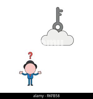 Vector Illustration verwirrt Geschäftsmann Charakter mit Schlüssel auf Cloud. Farbe und schwarzen Umrissen. Stock Vektor