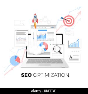 SEO Optimierung Konzept. Data Analytics. Search Engine Optimization Strategie. Inhalt Entwicklung und Produktion. Vector Illustration Stock Vektor