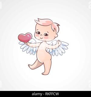 Baby Engel mit Herz in der Hand auf einem weißen Hintergrund. Grußkarten zum Valentinstag. Stock Vektor