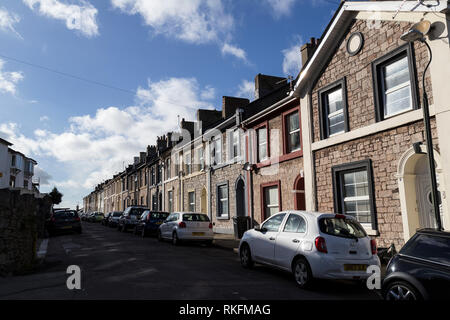 Der britische Immobilienmakler, terrassenförmig angelegten Reihe Torquay, Gehäuse Entwicklung, Wohnprojekt, England, Dorf, englische Kultur, Sommer, Gemeinschaft, Cottage, Stockfoto