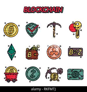 Blockchain flachbild Symbole gesetzt. Cryptocurrency Thema. Vector Illustration, EPS 10. Stock Vektor