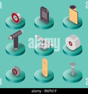 Skate Flachbild isometrische Symbole. Skating und Skateboarden Hilfsmittel zur Reparatur Service. Stock Vektor
