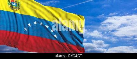 Venezuela Flagge. Venezolanische Flagge auf der Pole winken auf blauen Himmel mit Wolken Hintergrund. 3D-Darstellung Stockfoto