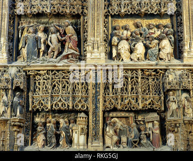 Spanien. Gemeinschaft von Madrid. Palencia. El Paular Kloster. Altarbild in der Kapelle, von Künstlern der Schule von Juan Guas am Ende des 15. Jahrhunderts. Polychrome Alabaster. Detail. Stockfoto